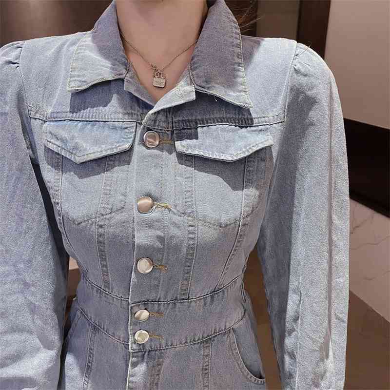 Spring Vintage Elegant Long Denim Dress Female Slim Single-Breasted Trumpet Mermaid Women's Robe 210520