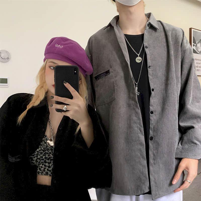 Streetwear Punk Blouse Couple Shirts Women Men Clothing Corduroy Shirt Spring Autumn Long Sleeve Vintage Ins Men's Casual
