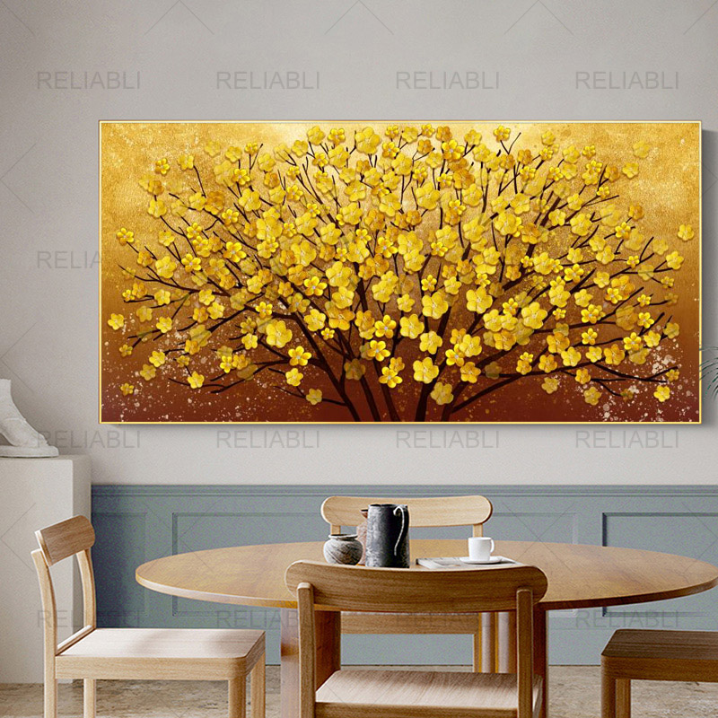 Modern Oil Painting Printed on Canvas Golden Yellow Rich Tree Flower Plant Posters and Prints Wall Picture for Living Room Decor