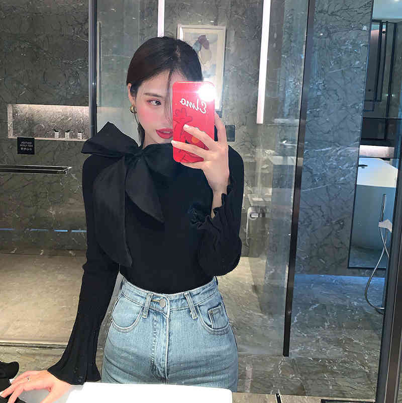 Women Pullovers Sweater Korean Elegant Bow Lacing Knitted Fashion Bottoming Jumper Office Ladies Tops Pull Femme 210519