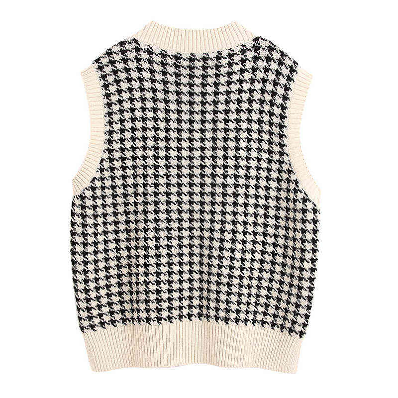 Vangull Fashion Oversized Houndstooth Knitted Vest Sweater Women Vintage Sleeveless Side Vents Female Waistcoat Loose Chic Tops 211120