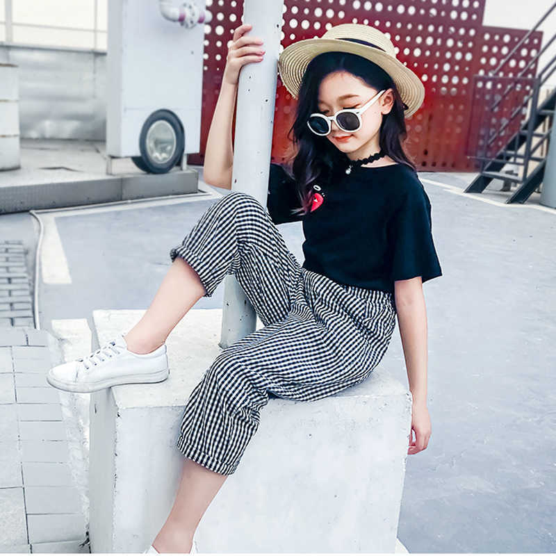 Fashion Big Girls Plaid Pants Korean Cotton Elastic Waist Nine Pant Loose Trousers for Teenage School Girl Children Clothes 210622