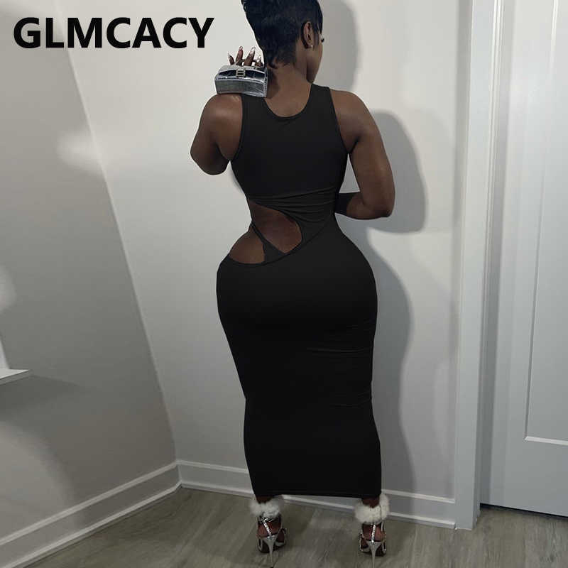 Sleeveless Cut Out Bodycon Maxi Dress Casual Solid Party Club Long Dresses 210702