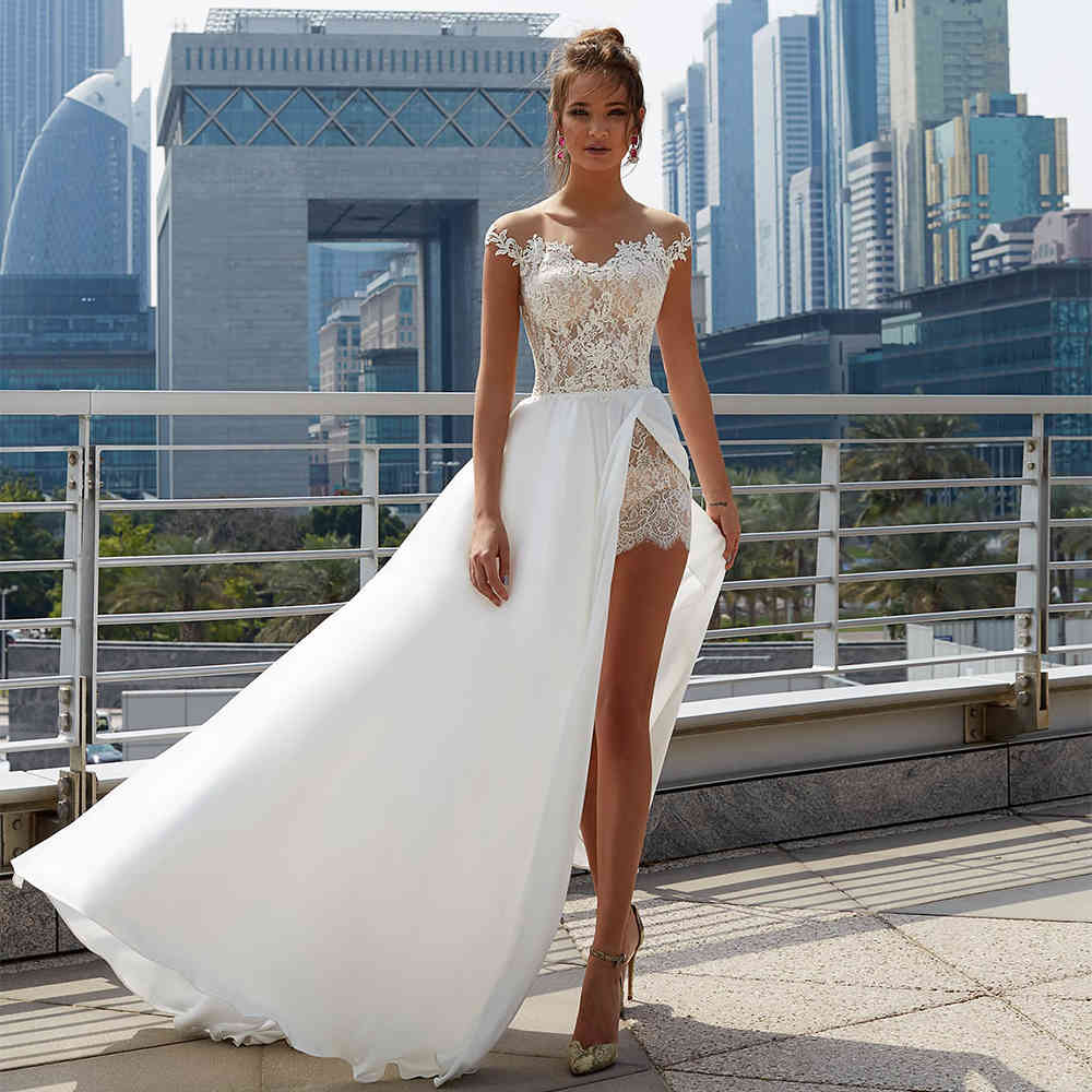 O Neck Cap Shoulder Illusion Button A-Line Wedding Dresses Appliqued Lace Sexy High Split Long Bridal Gowns Vestido De Noiva, White
O Neck Cap Shoulder Illusion Button A-Line Wedding Dresses Appliqued Lace Sexy High Split Long Bridal Gowns Vestido De Noiva, White