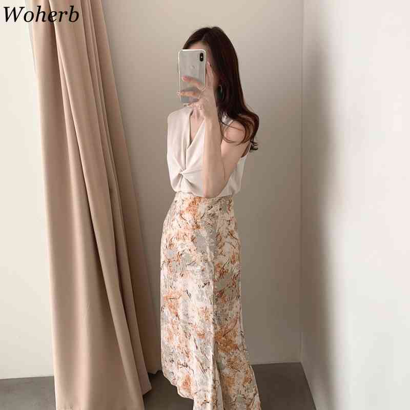 2 Piece Set Women Blouse V-neck Sleeveless Shirt High Waist Oil Painting Floral Skirt Summer Elegant Suit Two Sets 210519