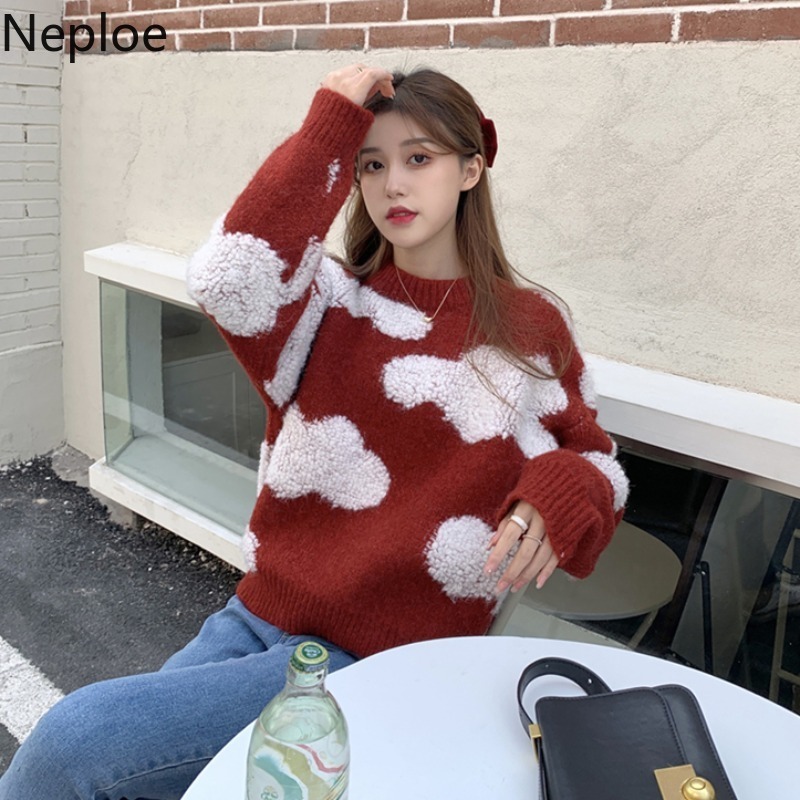 Neploe Woman Sweaters Winter Clothes Knitted Pullovers Women Loose Casual Thicked Cloud Jumper Red Sueter Coat 4H057 210422
