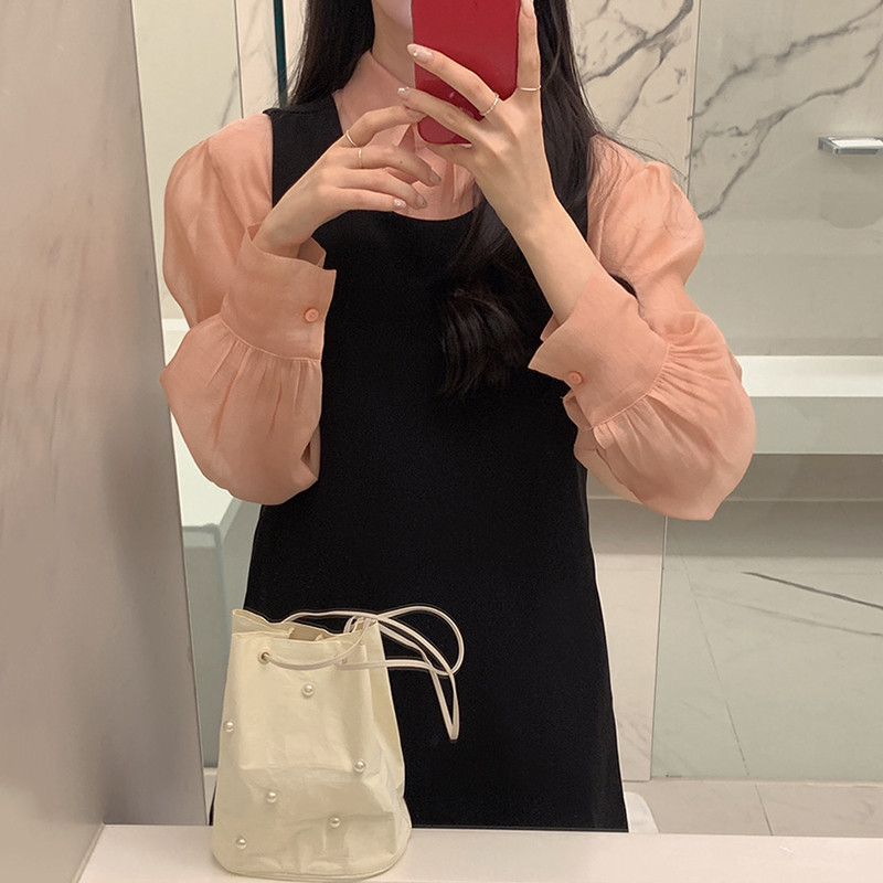 Nomikuma Korean Chic Women 2pieces Sets Turn-down Collar Single Breasted Puff Sleeve Blouse + A-line Tank Dress New Suits 6E361 210427