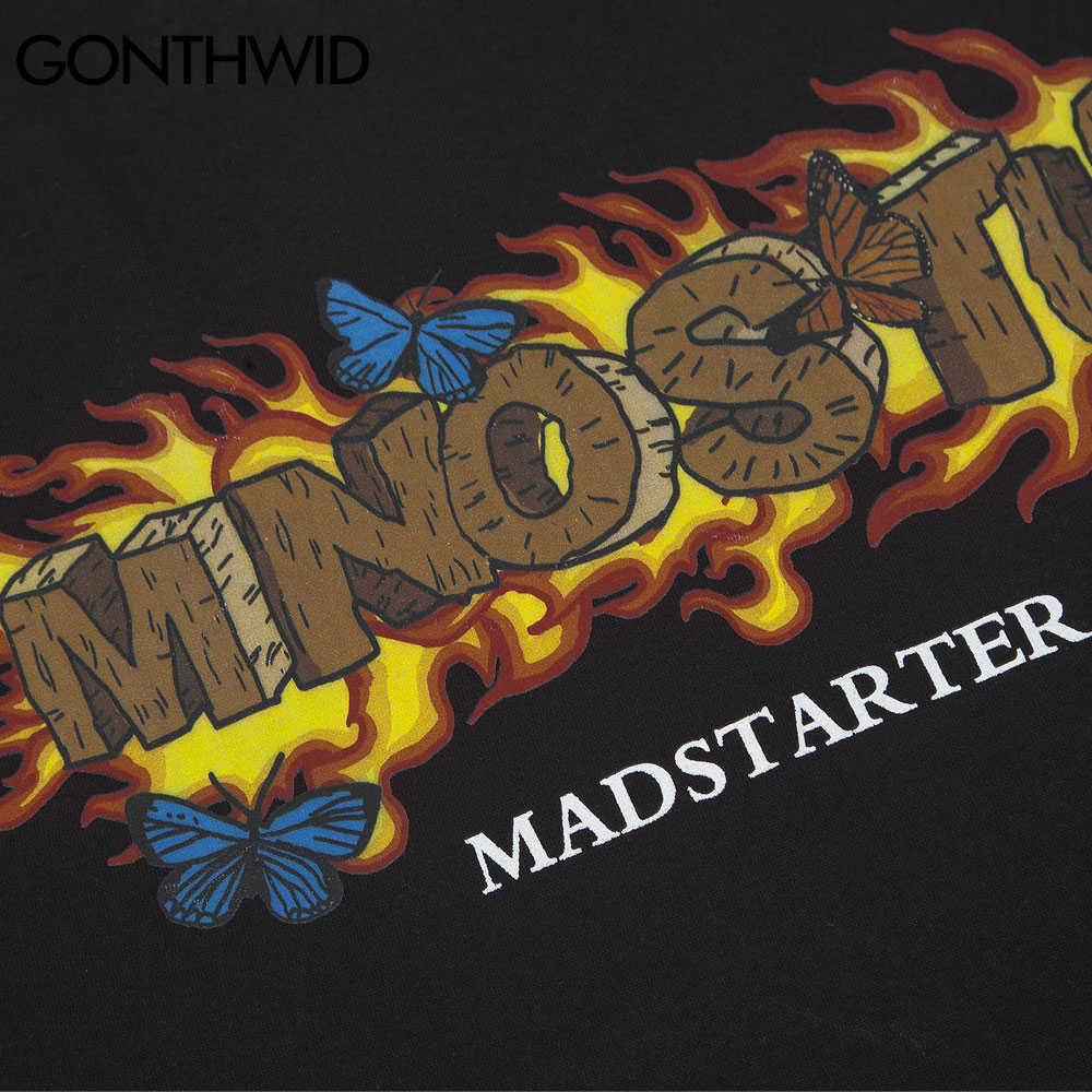 GONTHWID Tshirts Streetwear Fire Flame Earth T-Shirts Harajuku Mens Hip Hop Casual Cotton Short Sleeve Tops Tees 210629