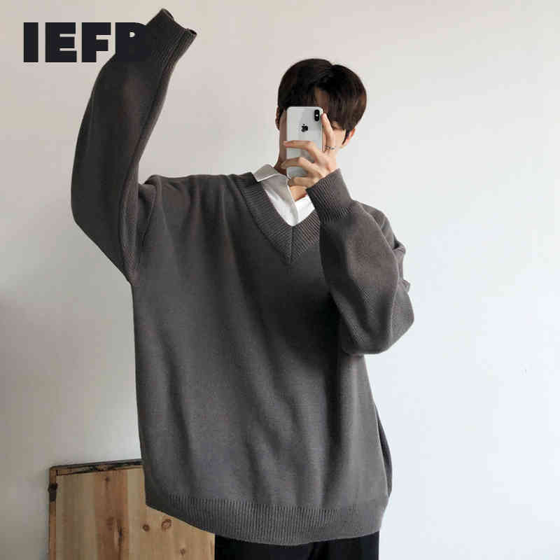 IEFB Loose V-Neck Sweater Men's Fashion Autumn Winter Korean Trend Thickened Bottomed Kintwear Oversized Clothes Male 9Y4492 210524