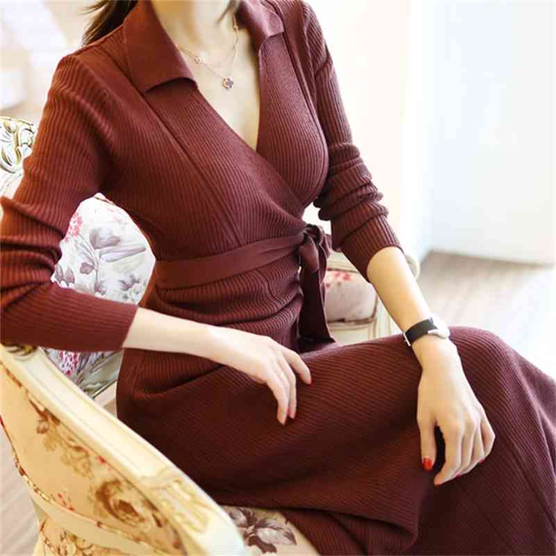 Women Knitted Sweater Dress Wrap Belted Tunic Midi Vestidos Long Sleeve Sexy V Neck Casual slim Knit 210519