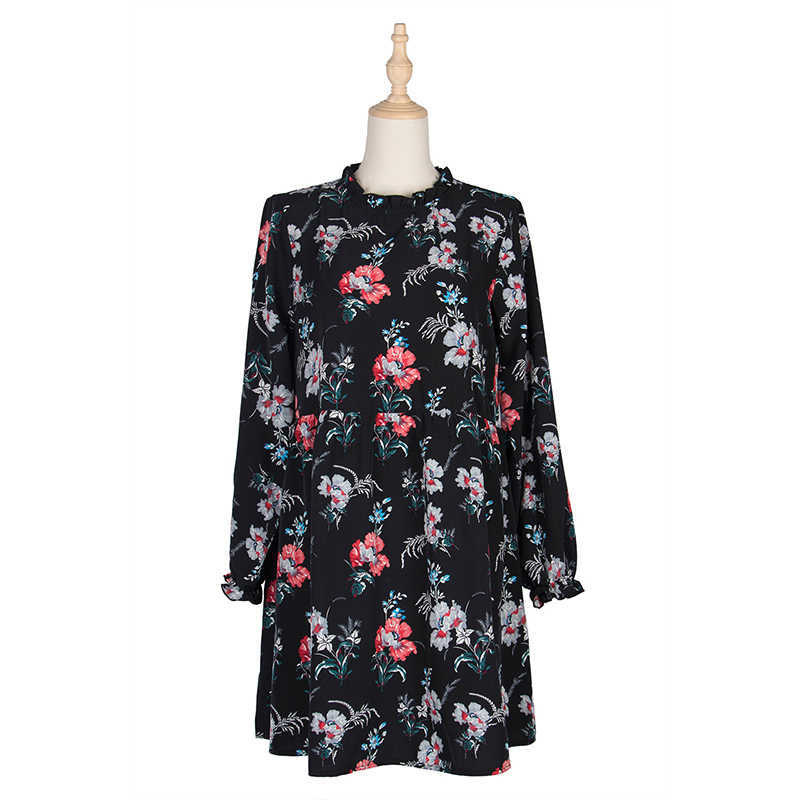 Autumn Winter Fashion Floral Dress Women Casual Full Sleeve High Waist Loose Print Dress 210806
