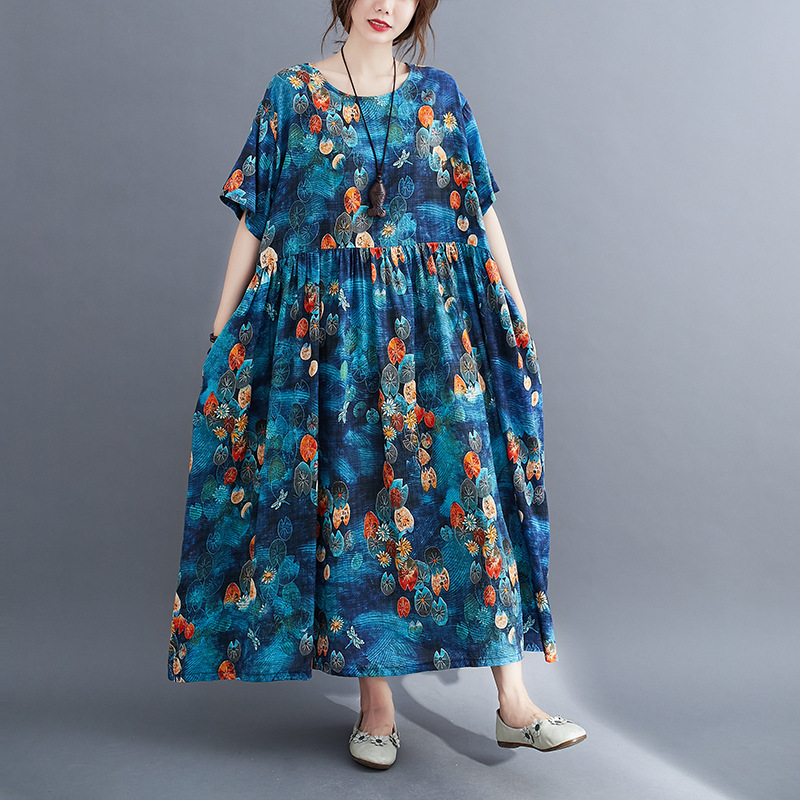 Johnature Summer Retro Fashion Printed O-neck Pockets Short Sleeve Plus Size Dresses Loose Comfortable Women Dress 210521, Blue
Johnature Summer Retro Fashion Printed O-neck Pockets Short Sleeve Plus Size Dresses Loose Comfortable Women Dress 210521, Blue
