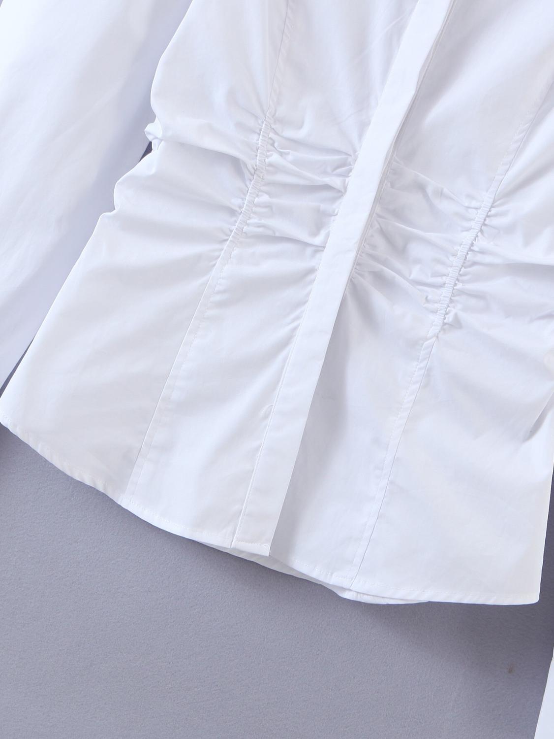 Elegant Lapel Slim Waist Pleated Ruched White Shirt Retro Woman Long sleeve OL Blouse Short Tops Blousas 210429