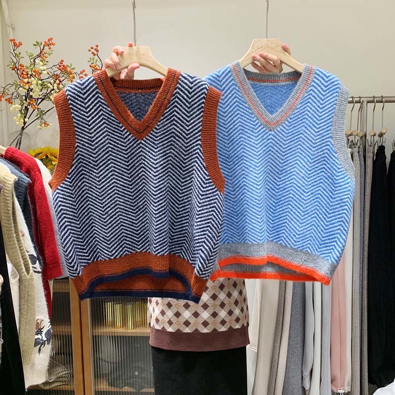 Nomikuma Spring Sleeveless Sweater Vest Korean Hit Color Striped Pullovers Causal V-neck Women Jumper Ropa Mujer 6D956 210427