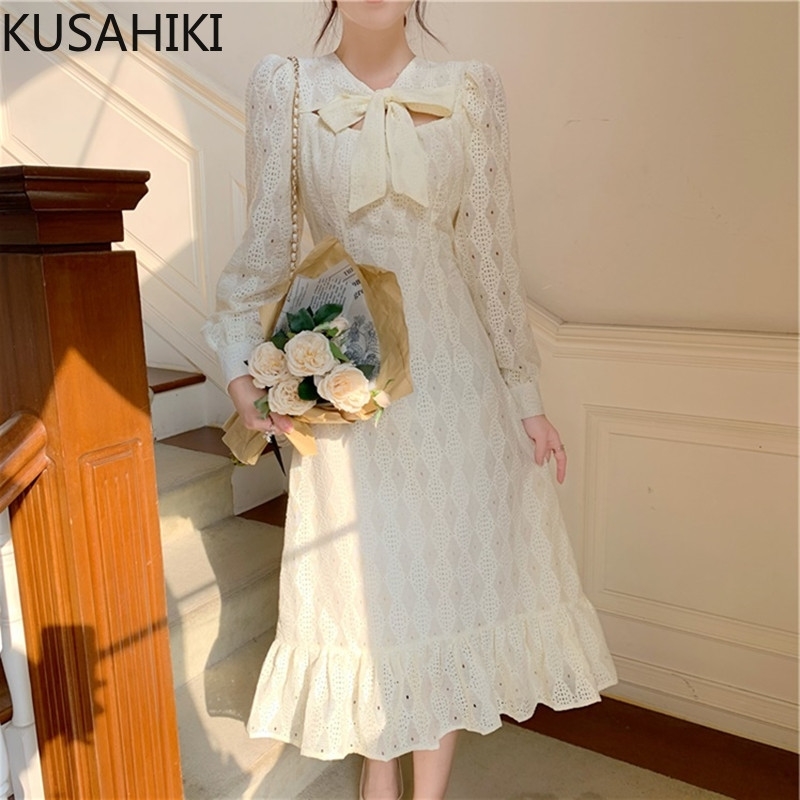 Women Lace Mermaid Dress Korean Bow Tie O-neck Hollow-out Dresses Puff Sleeve Slim Sexy Ruffle Trumpet Vestidos 6F162 210603