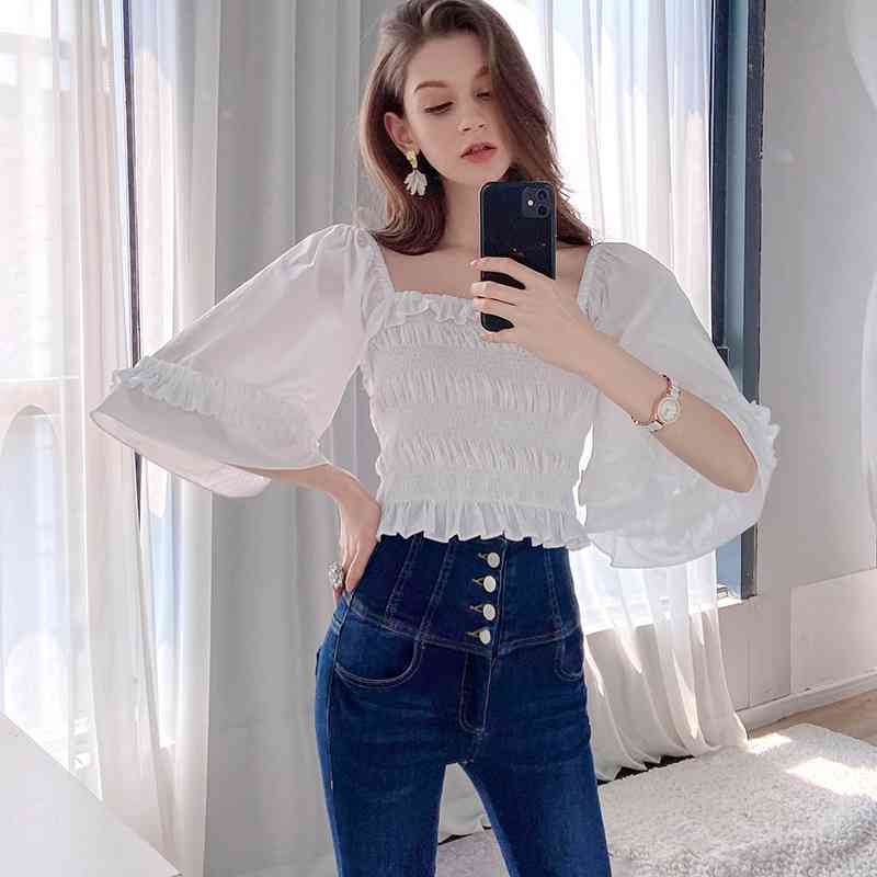 Dabuwawa Vintage Sexy White Flare Sleeve Frilled Blouse Women Square Neck Slim Fit Elegant Blouses Office Lady DT1BST026 210520