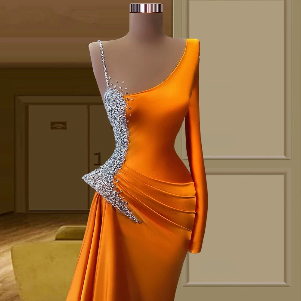 Orange Elegant Crystals Mermaid Dress Long Vestidos Charming Evening Dresses One Shoulder Formal Party Gown Es Es