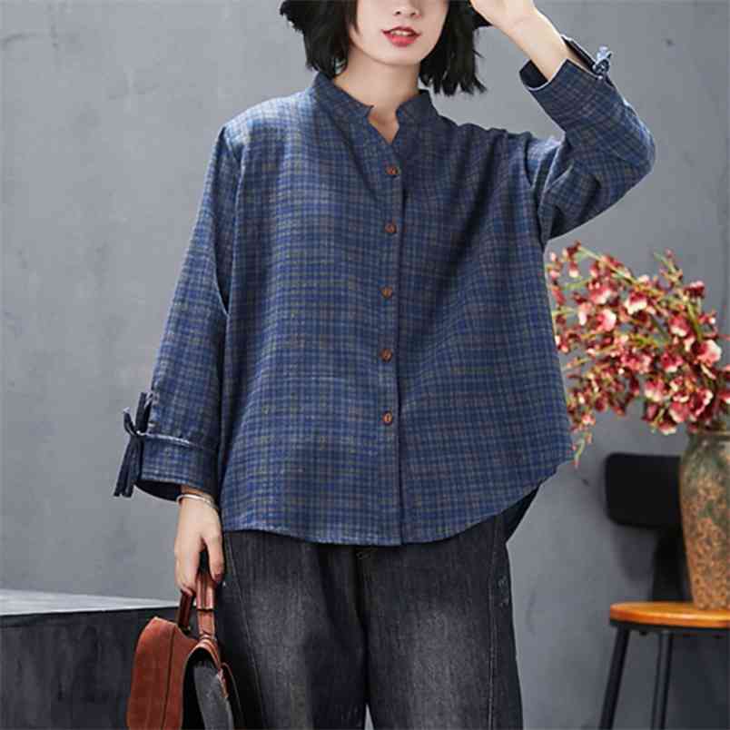 Spring Arts Style Women Long Sleeve Stand Collar Vintage Plaid Shirts Coat All-matched Casual Loose Blouse Female Tops S470 210512