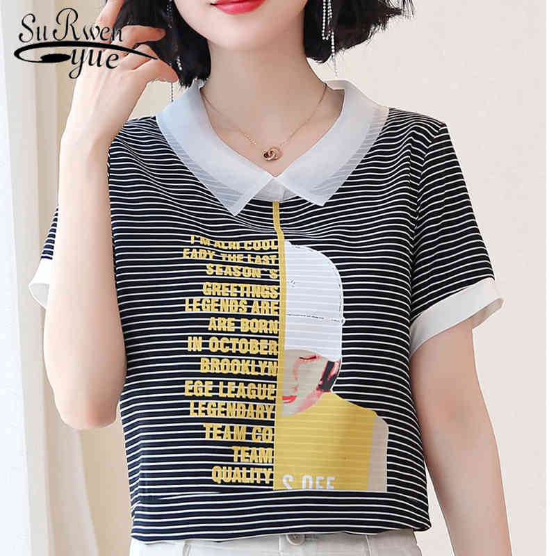plus size women blouses blusas mujer de moda Peter panCollar Regular short sleeve Striped Chiffon shirt 5435 50 210427