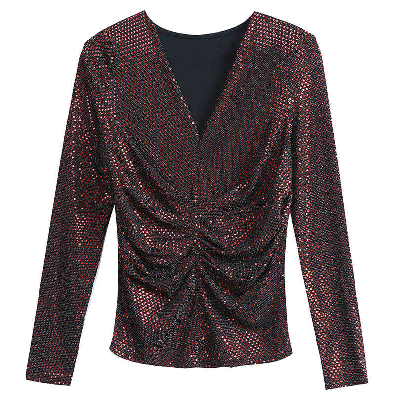 Korean Sexy Fashion Long Sleeve Bright Sequins Clothes Backing Slim Women Shirts Tight Tops and Blouses 8494 50 210506