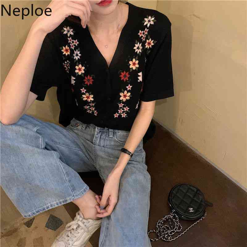Neploe Women Sweater Coat Summer V Neck Embroidery Knitted Cardigan Jacket Short Sleeve Single Breasted Thin Vintage Tops 4l165 210422