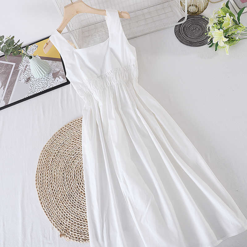 LY VAREY LIN Summer Women Fashion Solid Color White Black Sleeveless Medium Long Dress Female Casual High Waist Bow Vest 210526