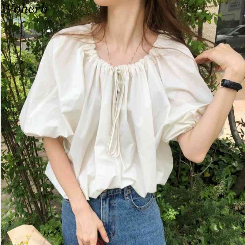 Vintage Drawstring Pleated Blouse Women Fashion Lantern Sleeve Shirt O-neck Top Loose Style Office Blusas 210519