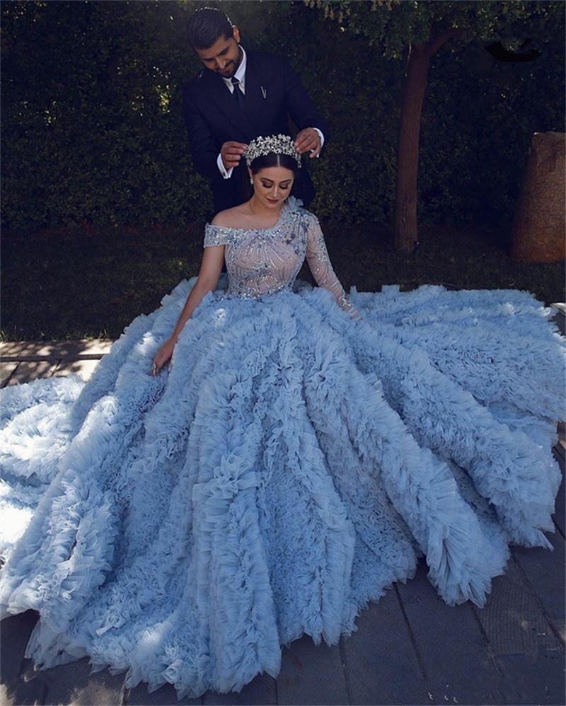 Princess A Line Evening Dresses Luxury Star Sequined Beads Long Sleeve Ruffles Fluffy Prom Marriage Special Occasion Gowns robes de soirée