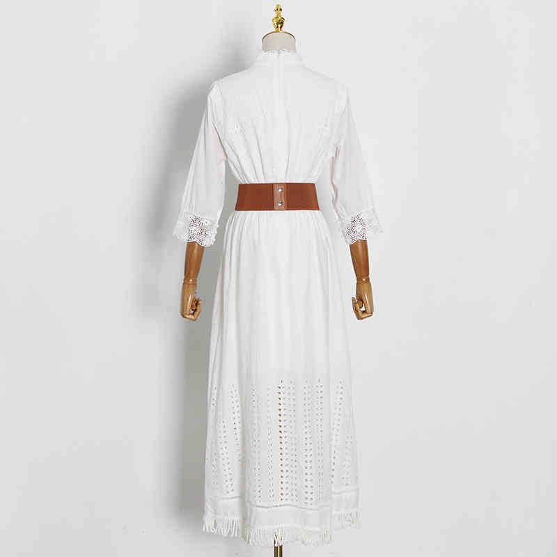 Temperament Patchwork Lace Tassel Dress For Women Stand Collar High Waist Sashes Hollow Out Vintage Dresses Female 210520