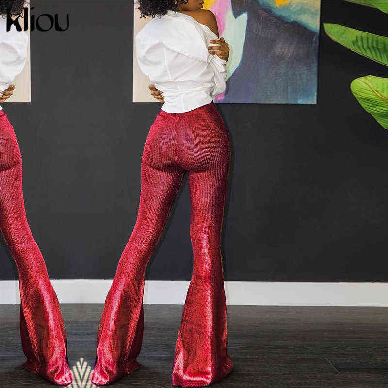 Kliou Ice Silk Boot Cut Pants For Women Hipster Oversized Simple Basic Clothing Elastic High Weist Casual Streetwear Trousers 211115
