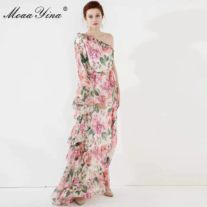 Spring Summer Women Dress One-shoulder Irregular Collar Floral-Print Cascading Ruffle Vacation Party Maxi Dresses 210524