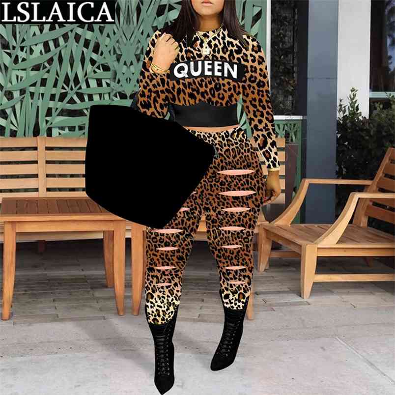 Two Piece Set Women Leopard Letter Printing Elastic Waist Tracksuit Casual Fashion Outfits for 210515