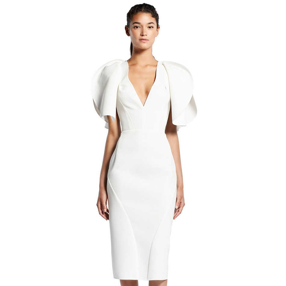 Arrival Women's White Short Butterfly Sleeve Bodysuit Dress Sexy V-neck Mid-length Celebrity Party 210527