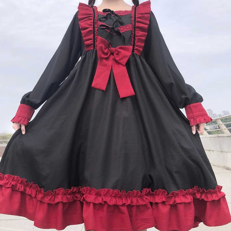 Japanese Harajuku Gothic Bandage Bow Splice Dress Sweet Lolita Girl Cosplay Kawaii Ruffle Party 210623