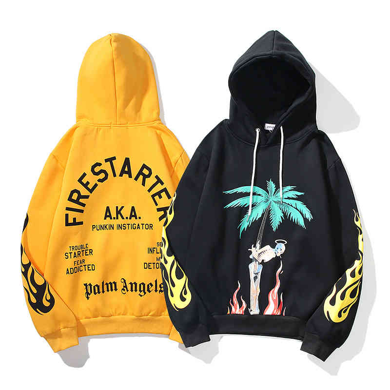

2021 autumn and winter new fashion brand palms Angle flame skeleton letter men's and women's casual loose Hoodie, Yellow
