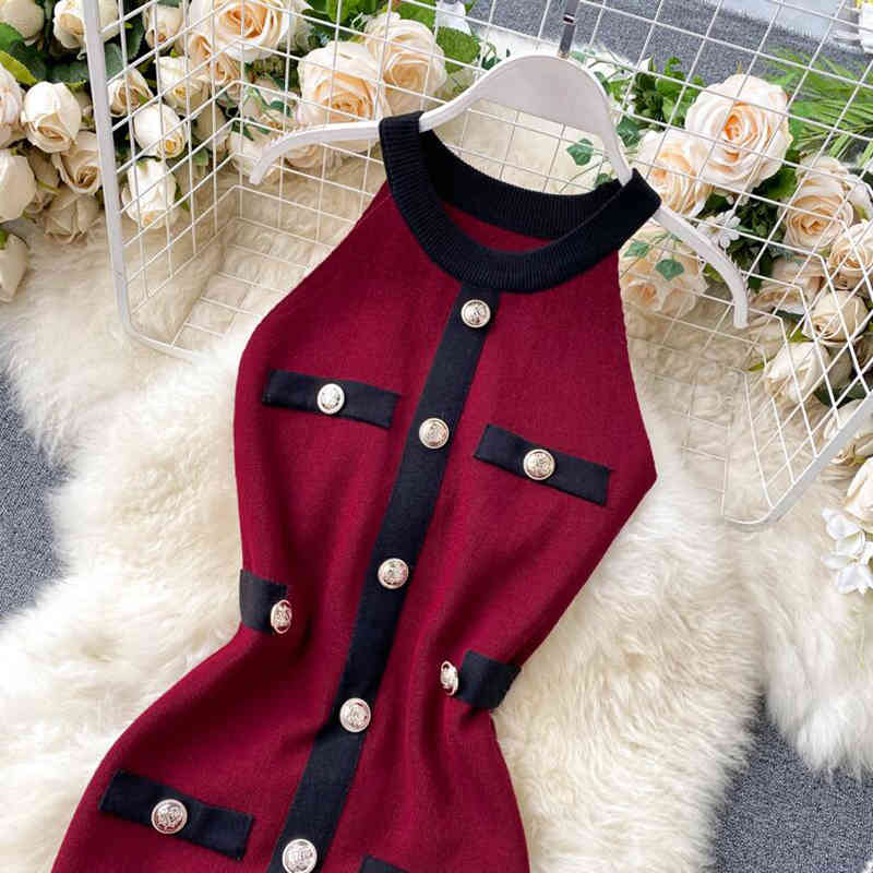 Fashion Knitted Dress Women Sleeveless Vintage Bodycon Dresses Single-breasted Knit Elegant Knee Length Vestido Summer Robe 210521