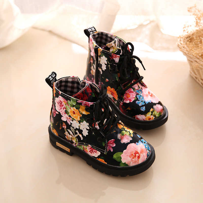 Pretty Floral Lace-up Zipper Martin Boots for Toddler Girl 210528