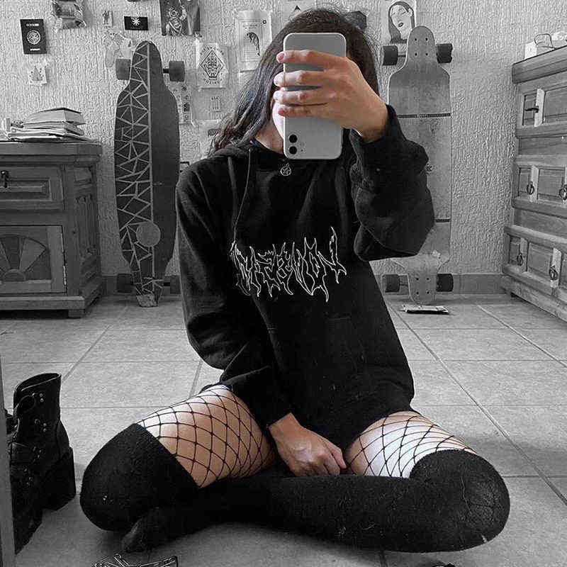 Punk Goth Letter Print Hip-Hop Hooded Sweatshirt Vintage Kpop Loose Casual Women Moletom Harajuku Streetwear Pullover Sweatshirt 211109