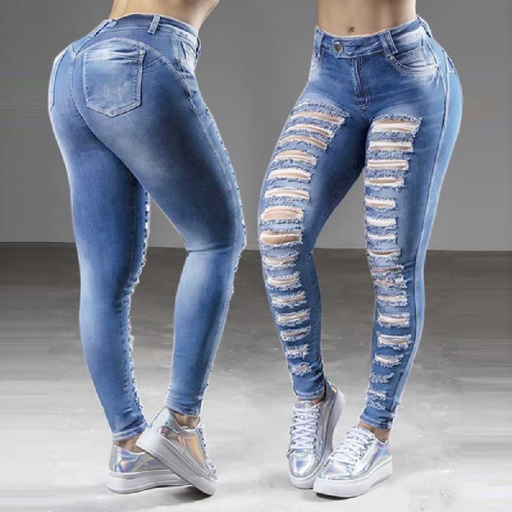 Women Jeans High Waisted Straight Skinny Stretchy Pant Streetwear Ladies Hole Washed Bandage Denim Pencil Pants Trousers 210616