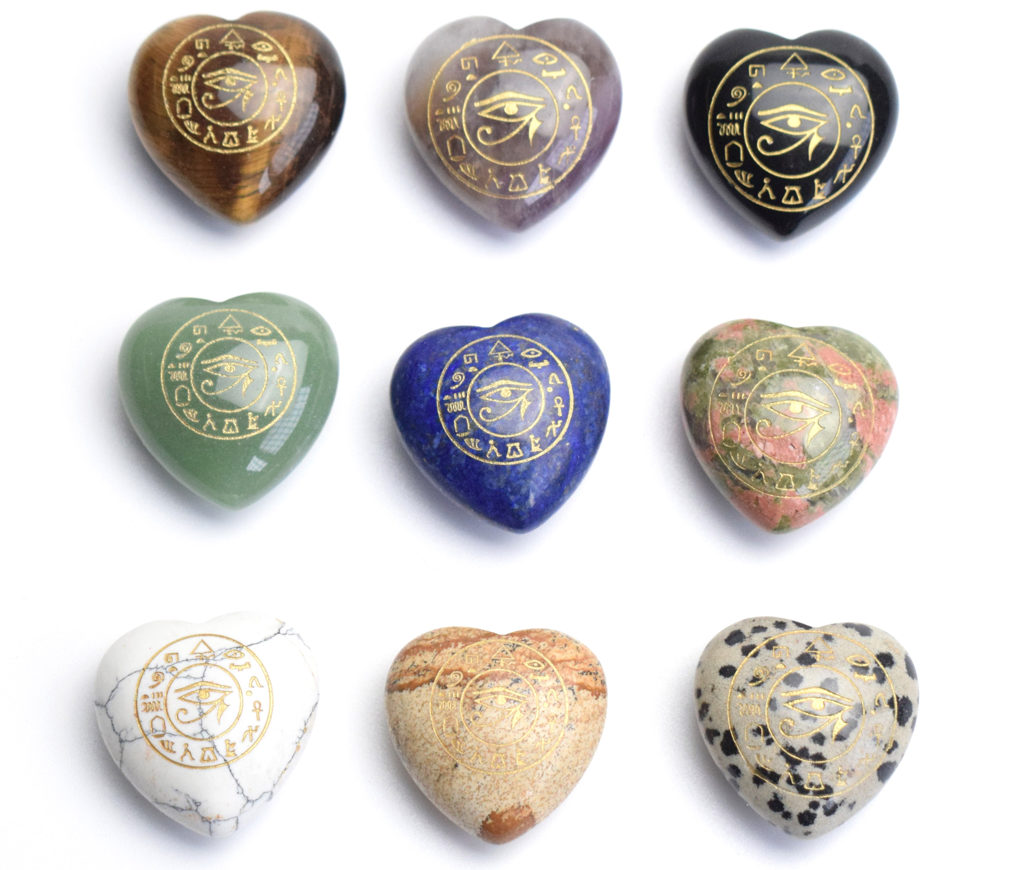 Small Size Natural Chakra Stones Carved Crystal Reiki Healing Heart Shaped Stone Engraved Eye of Horus Amulet Symbols
Small Size Natural Chakra Stones Carved Crystal Reiki Healing Heart Shaped Stone Engraved Eye of Horus Amulet Symbols