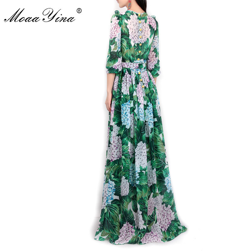 Summer Runway Maxi Dress Women's Long Sleeve Casual Bohemian Party Holiday Green Leaves Floral Printed 210524