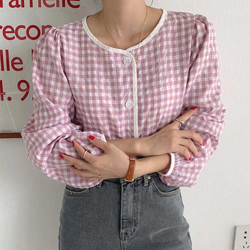 Korejpaa Women Shirt Summer Korean Chic Girl Gentle Loose Single-Breasted Button Cream Plaid Round Neck Contrasting Blouses 210526