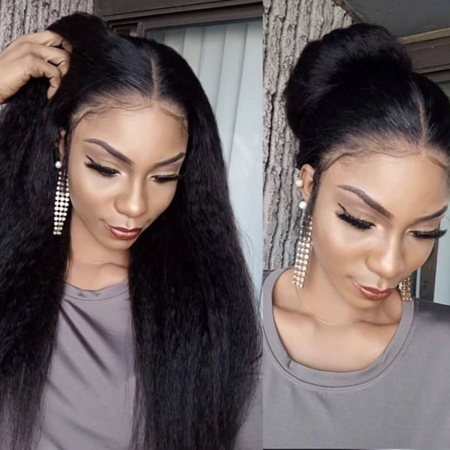 Free shipping 180 Density Yaki Synthetic Lace front Wig for Black Women Long Kinky Straight Wigs Heat Resistant Fiber Hair
