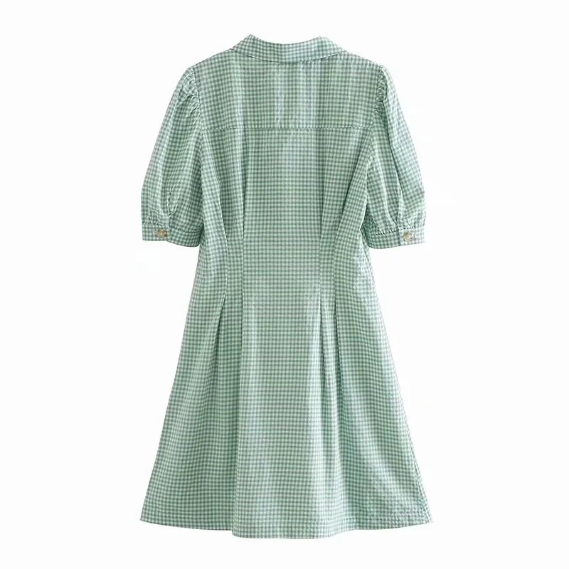 vintage female knee-length dresses summer green women fashion ladies mid plaid loose girls dress 210430