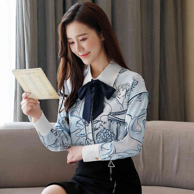Vintage Bow Chiffon Blouse Elegant Office Lady Tops Women Spring Fashion Long Sleeve Print Shirt Blusas 8388 50 210506