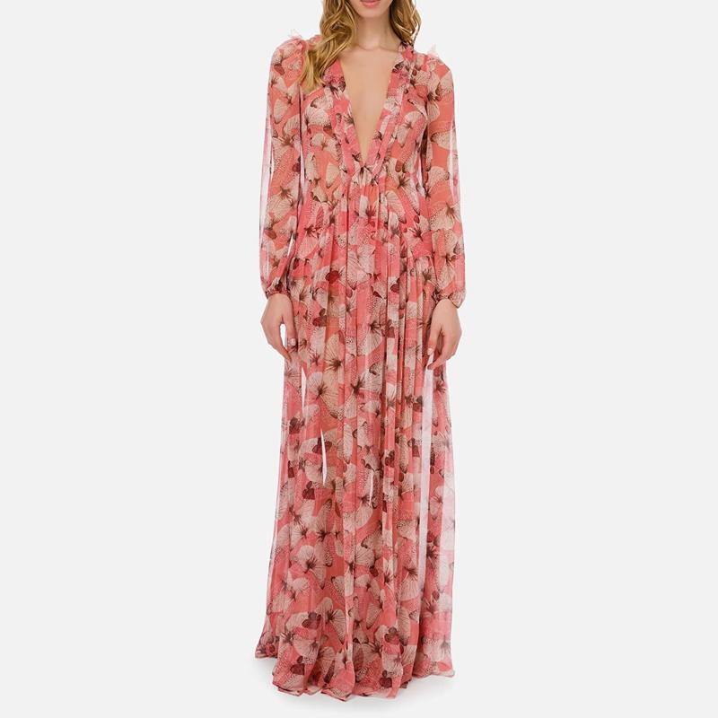Casual Dresses Sexy Deep V-neck Long Sleeve Chiffon For Women Spring Autumn Vintage Pink Floral Printed Maxi Dress Female AAA Discount for in-store pu