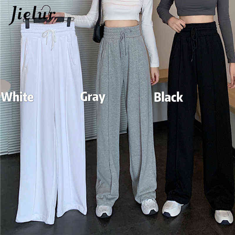Jielur High-waisted Pants Drawstring M-XL Wide Leg Women Cool Black White Casual Harajuku BF Sweatpants Trousers 211115