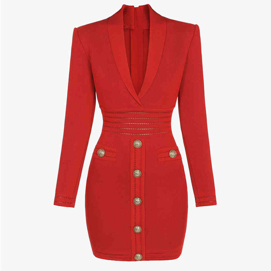 Autumn Women Red V Neck Long Sleeve Dress Sexy Buttons Mini Fashion Club Celebrity Evening Runway Party Dresses 210423