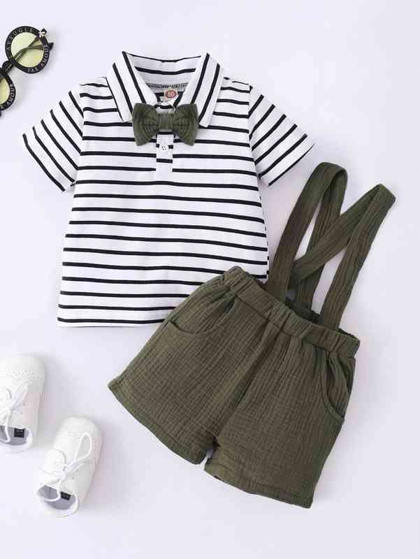 Baby Striped Bow Front Polo Shirt & Suspender Shorts SHE