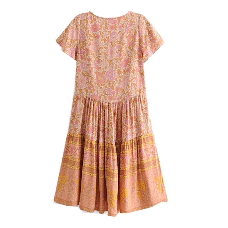 Spring Bohemia Open Buttons V neck Orange Flower Print Dress BOHO Woman Spliced Ruched Pleated Hem Holiday Dresses Beach 210429